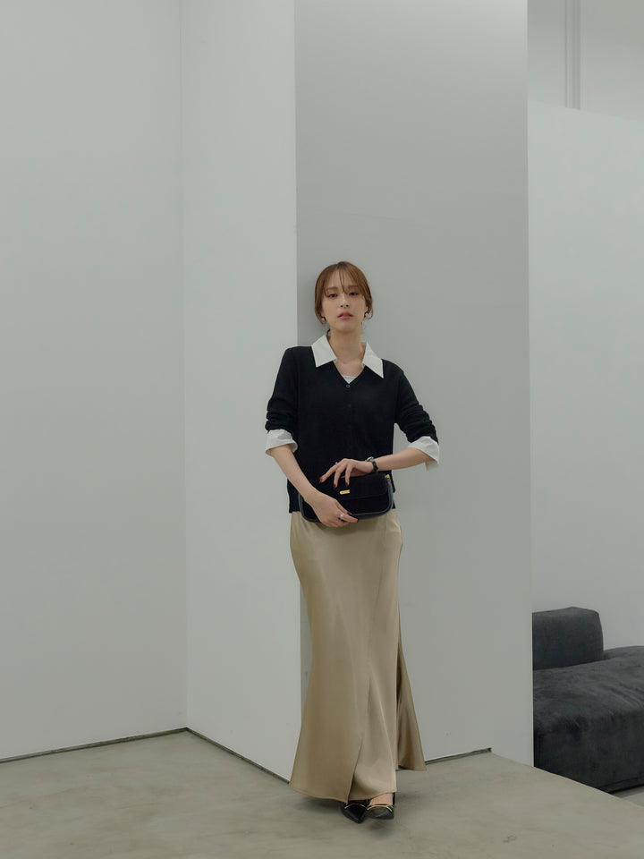 【SET】襟付きポロニットカーディガン+【Essential】Wrap design satin mermaid skirt(2set)
