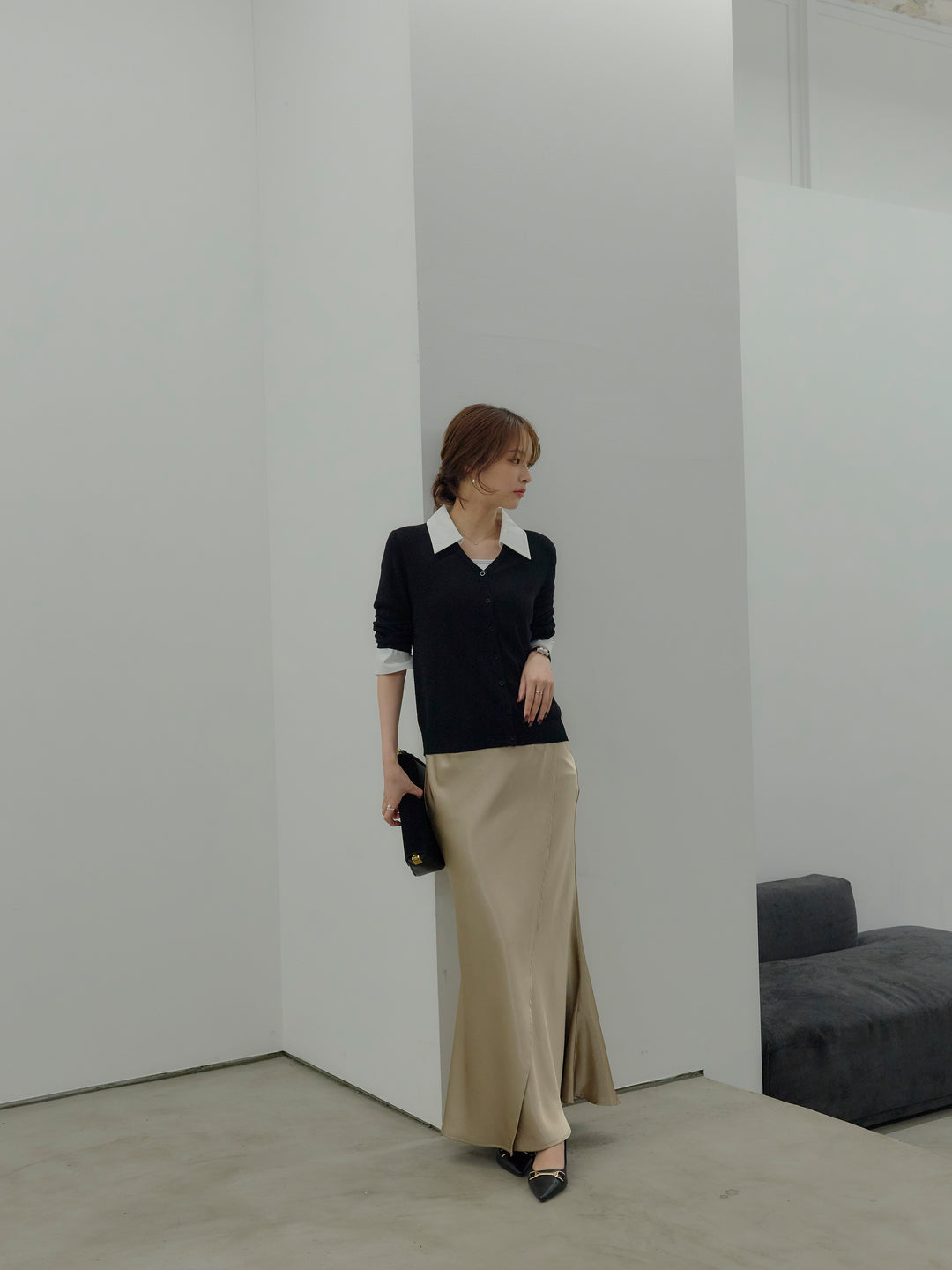 【SET】襟付きポロニットカーディガン+【Essential】Wrap design satin mermaid skirt(2set)