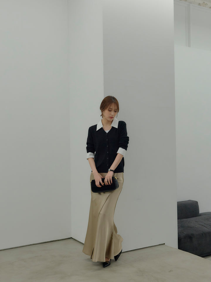 【SET】襟付きポロニットカーディガン+【Essential】Wrap design satin mermaid skirt(2set)