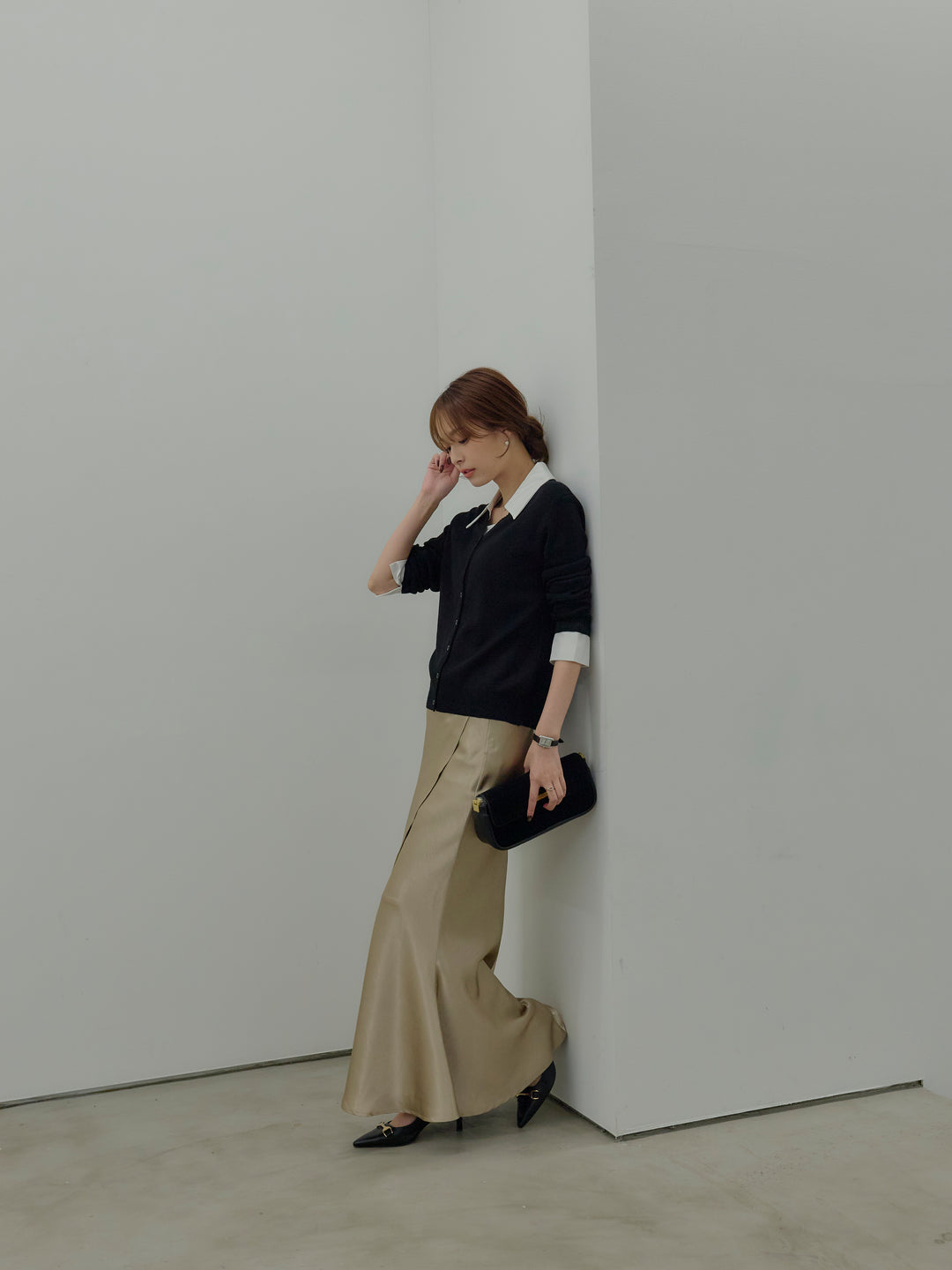 【SET】襟付きポロニットカーディガン+【Essential】Wrap design satin mermaid skirt(2set)