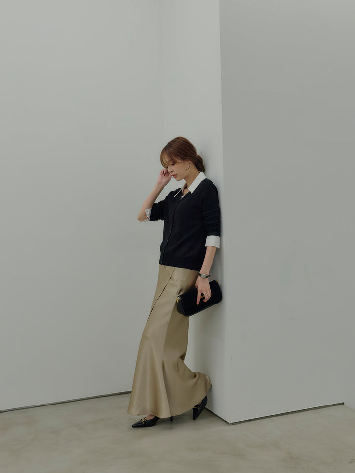 【SET】襟付きポロニットカーディガン+【Essential】Wrap design satin mermaid skirt(2set)