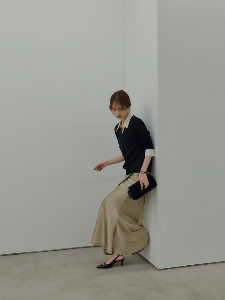 【SET】襟付きポロニットカーディガン+【Essential】Wrap design satin mermaid skirt(2set)