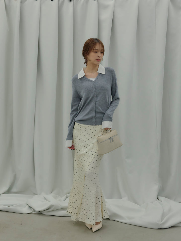 【SET】襟付きポロニットカーディガン+【Essential】Wrap design satin mermaid skirt(2set)