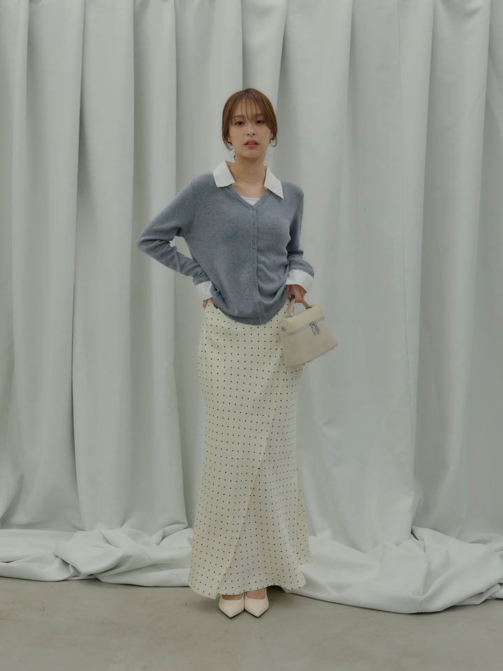 【SET】襟付きポロニットカーディガン+【Essential】Wrap design satin mermaid skirt(2set)