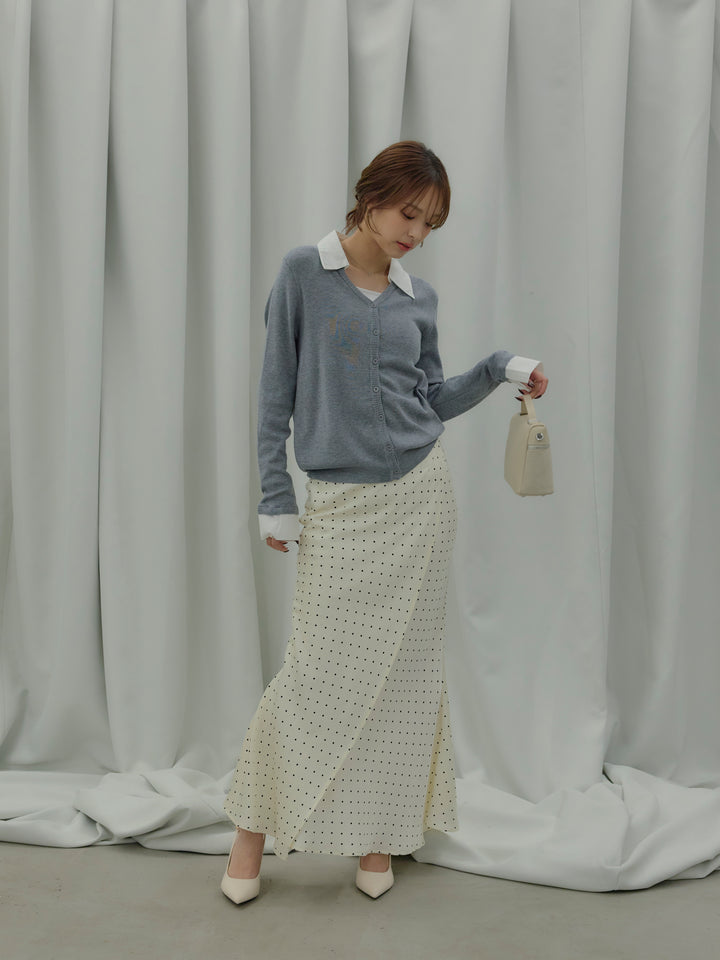 【SET】襟付きポロニットカーディガン+【Essential】Wrap design satin mermaid skirt(2set)