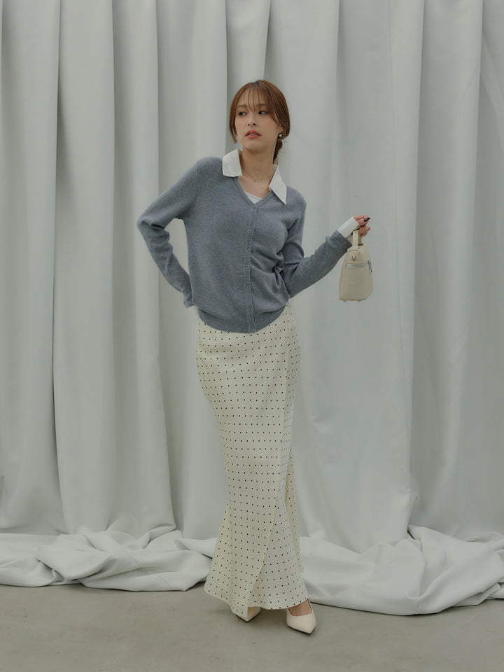 【SET】襟付きポロニットカーディガン+【Essential】Wrap design satin mermaid skirt(2set)