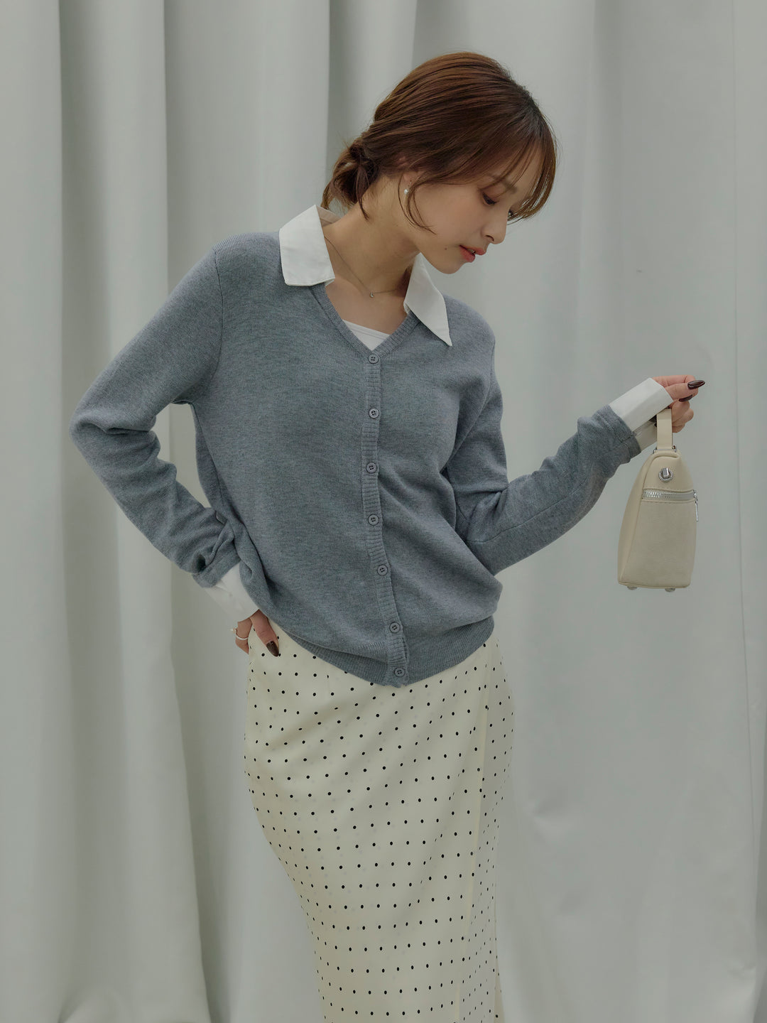 【SET】襟付きポロニットカーディガン+【Essential】Wrap design satin mermaid skirt(2set)