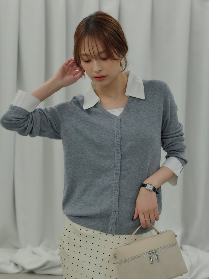 【SET】襟付きポロニットカーディガン+【Essential】Wrap design satin mermaid skirt(2set)