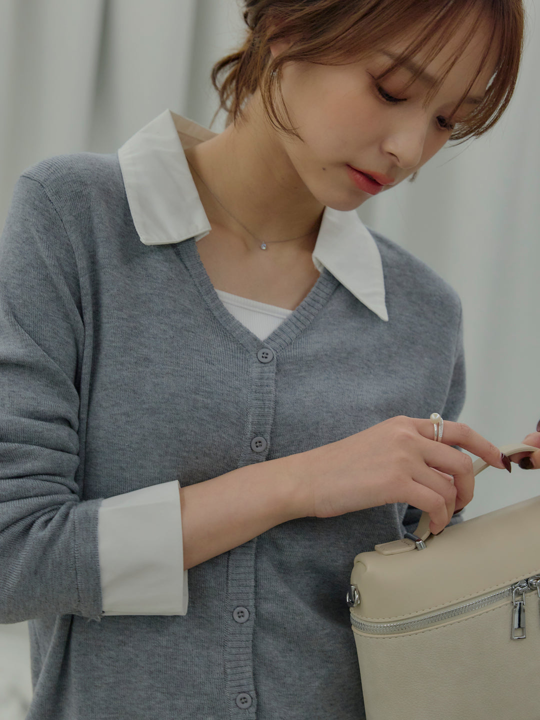 【SET】襟付きポロニットカーディガン+【Essential】Wrap design satin mermaid skirt(2set)
