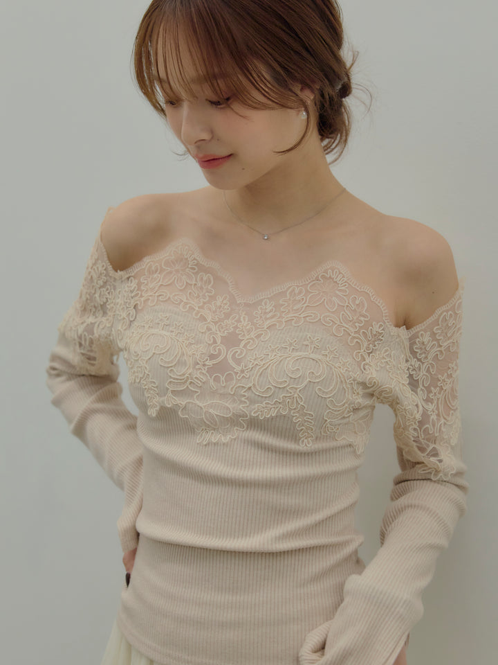 【SET】レースドッキングオフショルトップス+ボリュームチュールスカート(2set)