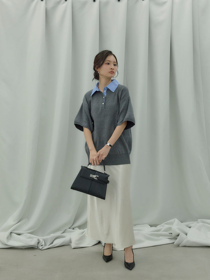 【SET】シャツドッキング半袖ポロトップス+リュクスAラインサテンスカート(2set)