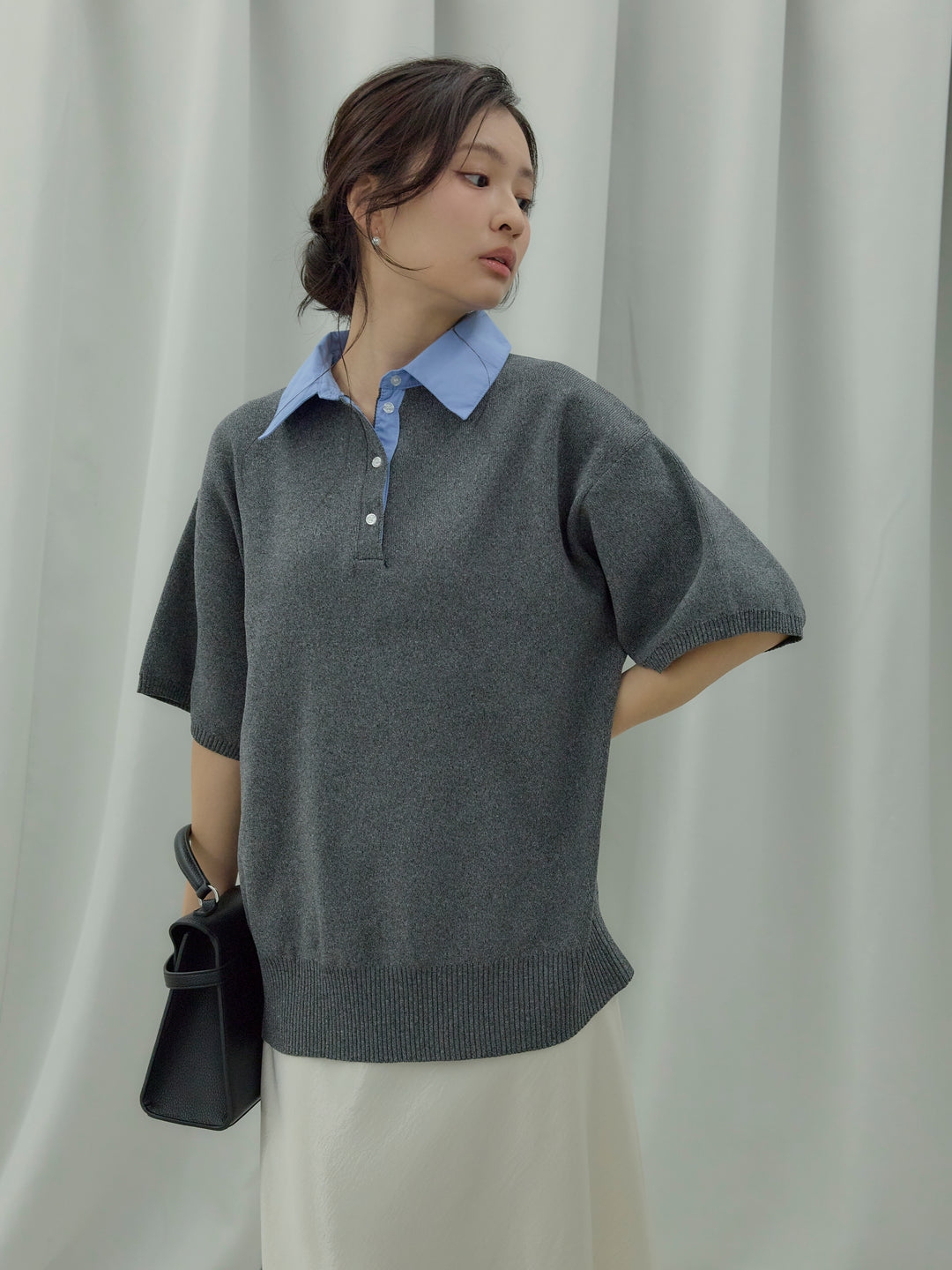 【SET】シャツドッキング半袖ポロトップス+リュクスAラインサテンスカート(2set)