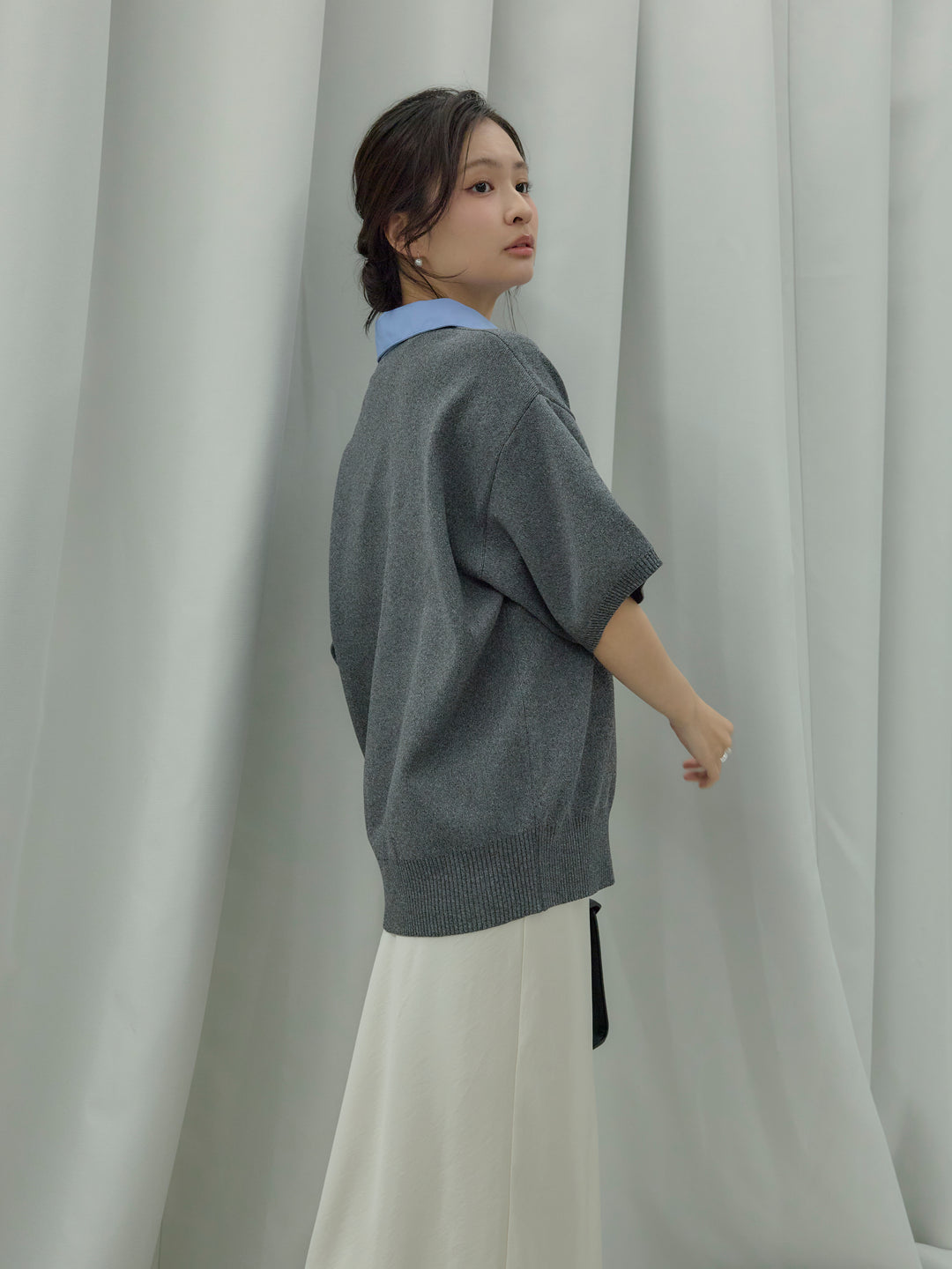 【SET】シャツドッキング半袖ポロトップス+リュクスAラインサテンスカート(2set)