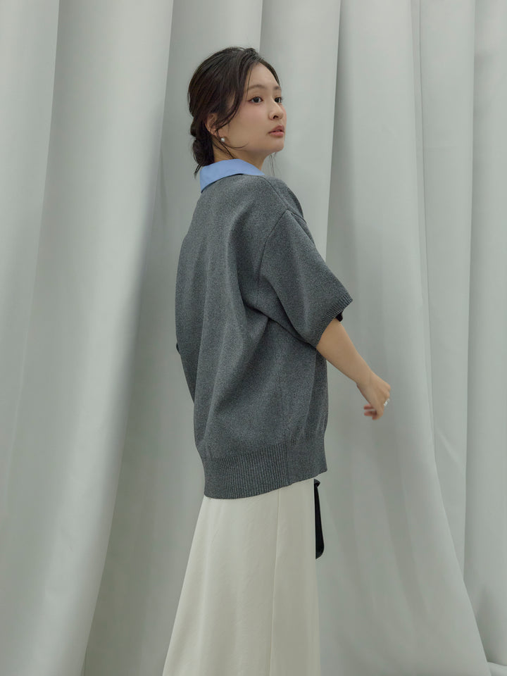 【SET】シャツドッキング半袖ポロトップス+リュクスAラインサテンスカート(2set)