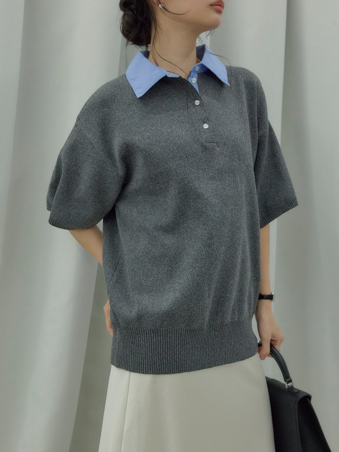 【SET】シャツドッキング半袖ポロトップス+リュクスAラインサテンスカート(2set)