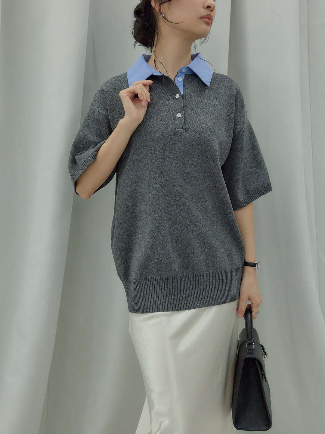 【SET】シャツドッキング半袖ポロトップス+リュクスAラインサテンスカート(2set)