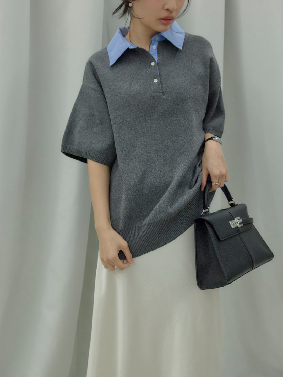 【SET】シャツドッキング半袖ポロトップス+リュクスAラインサテンスカート(2set)