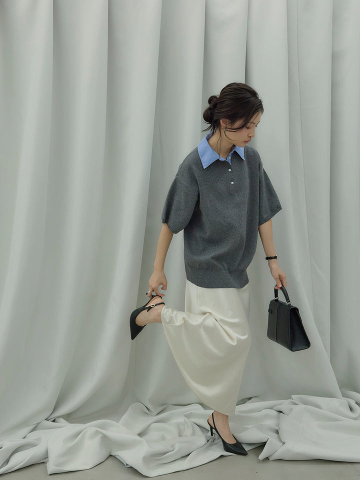 【SET】シャツドッキング半袖ポロトップス+リュクスAラインサテンスカート(2set)