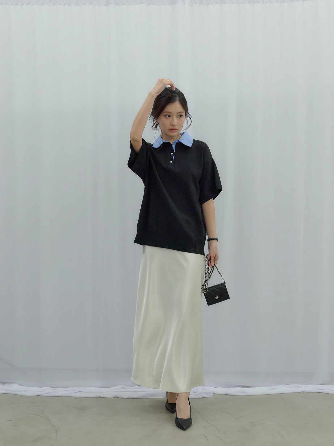 【SET】シャツドッキング半袖ポロトップス+リュクスAラインサテンスカート(2set)