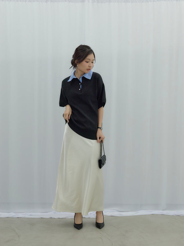【SET】シャツドッキング半袖ポロトップス+リュクスAラインサテンスカート(2set)