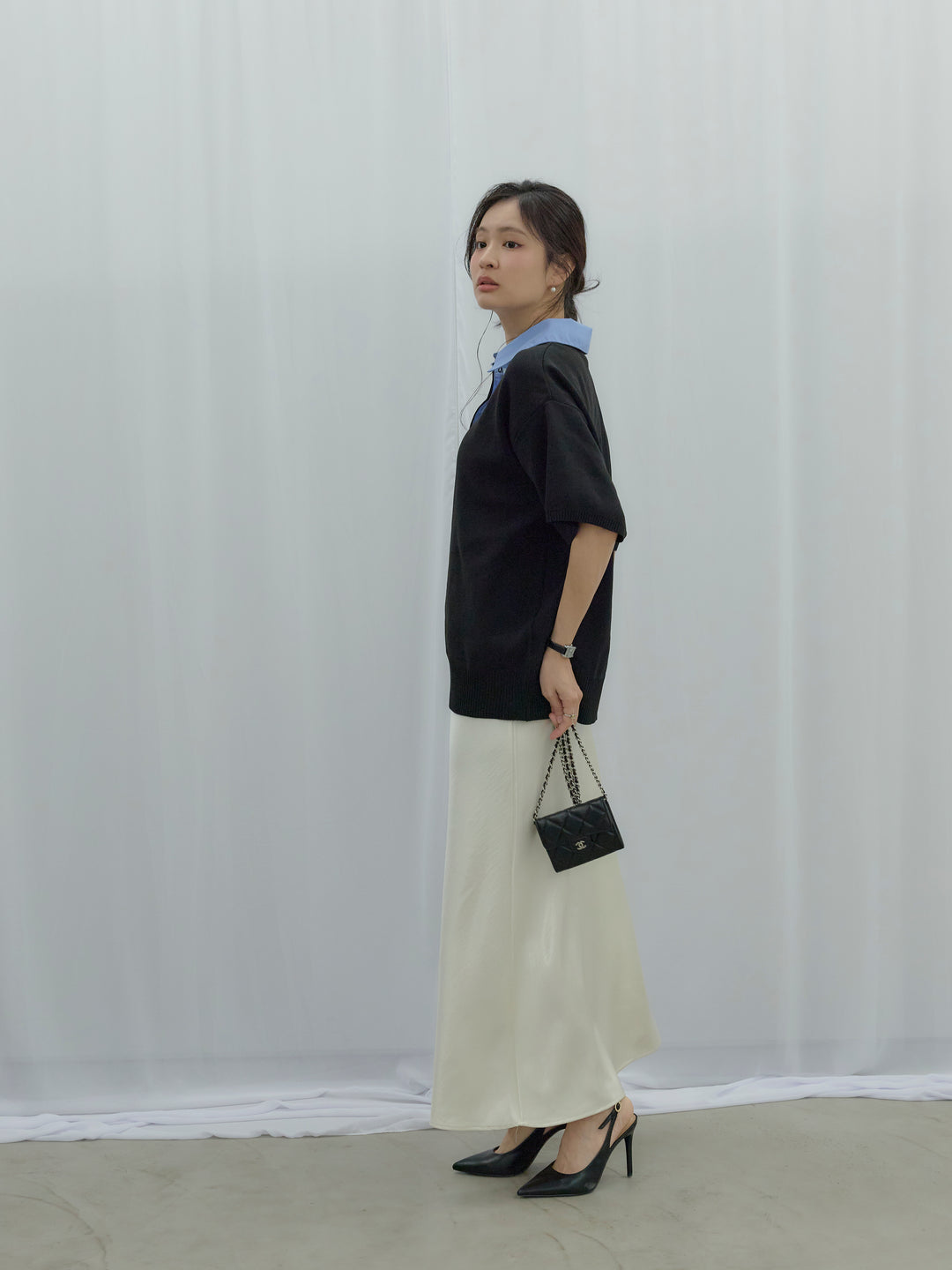 【SET】シャツドッキング半袖ポロトップス+リュクスAラインサテンスカート(2set)