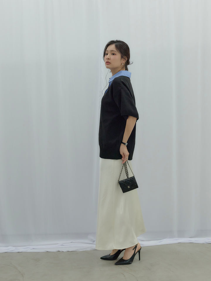 【SET】シャツドッキング半袖ポロトップス+リュクスAラインサテンスカート(2set)