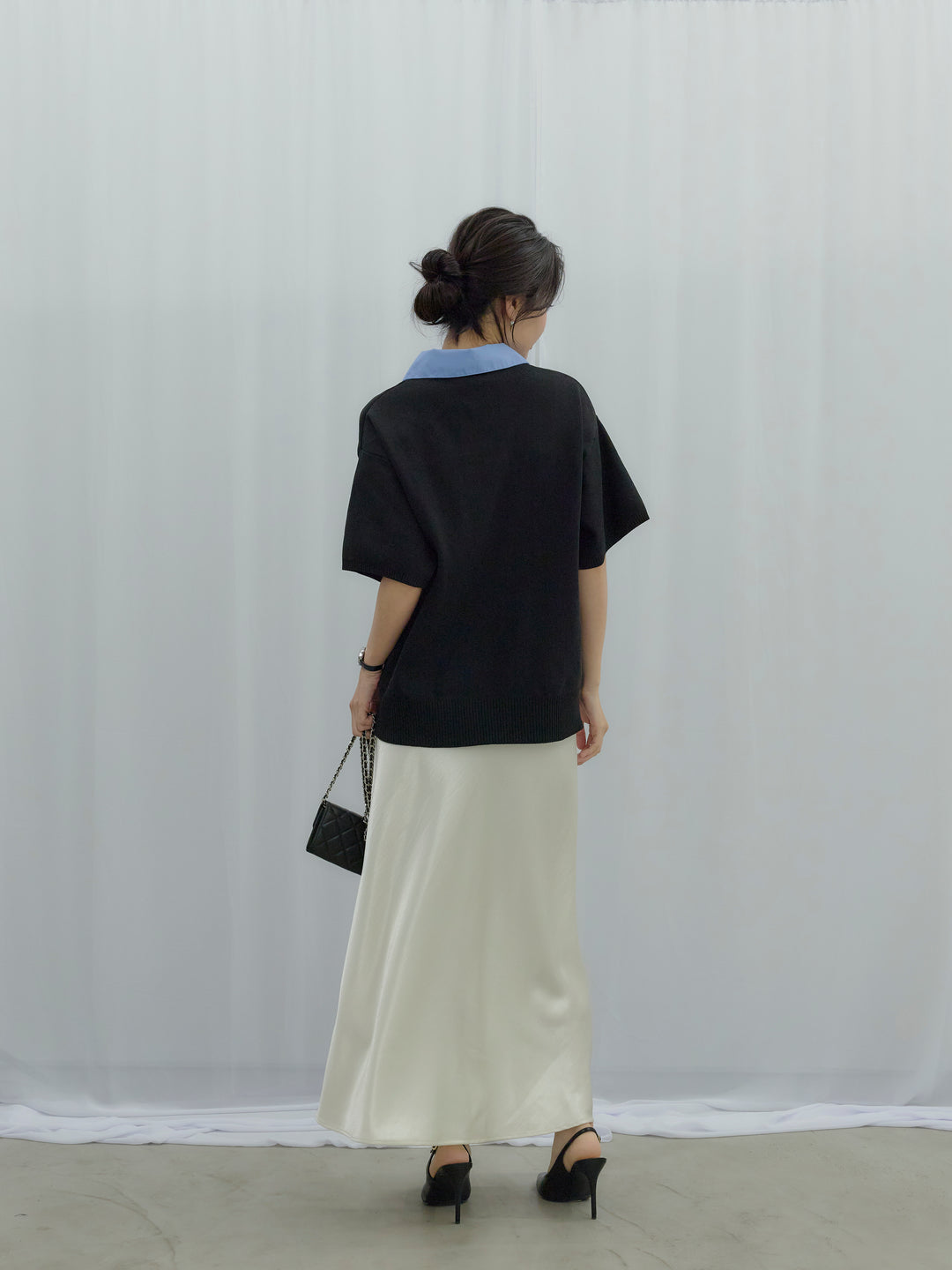 【SET】シャツドッキング半袖ポロトップス+リュクスAラインサテンスカート(2set)