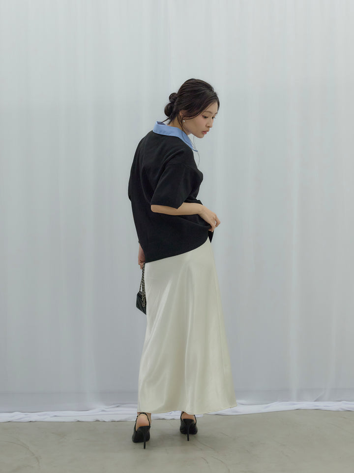 【SET】シャツドッキング半袖ポロトップス+リュクスAラインサテンスカート(2set)