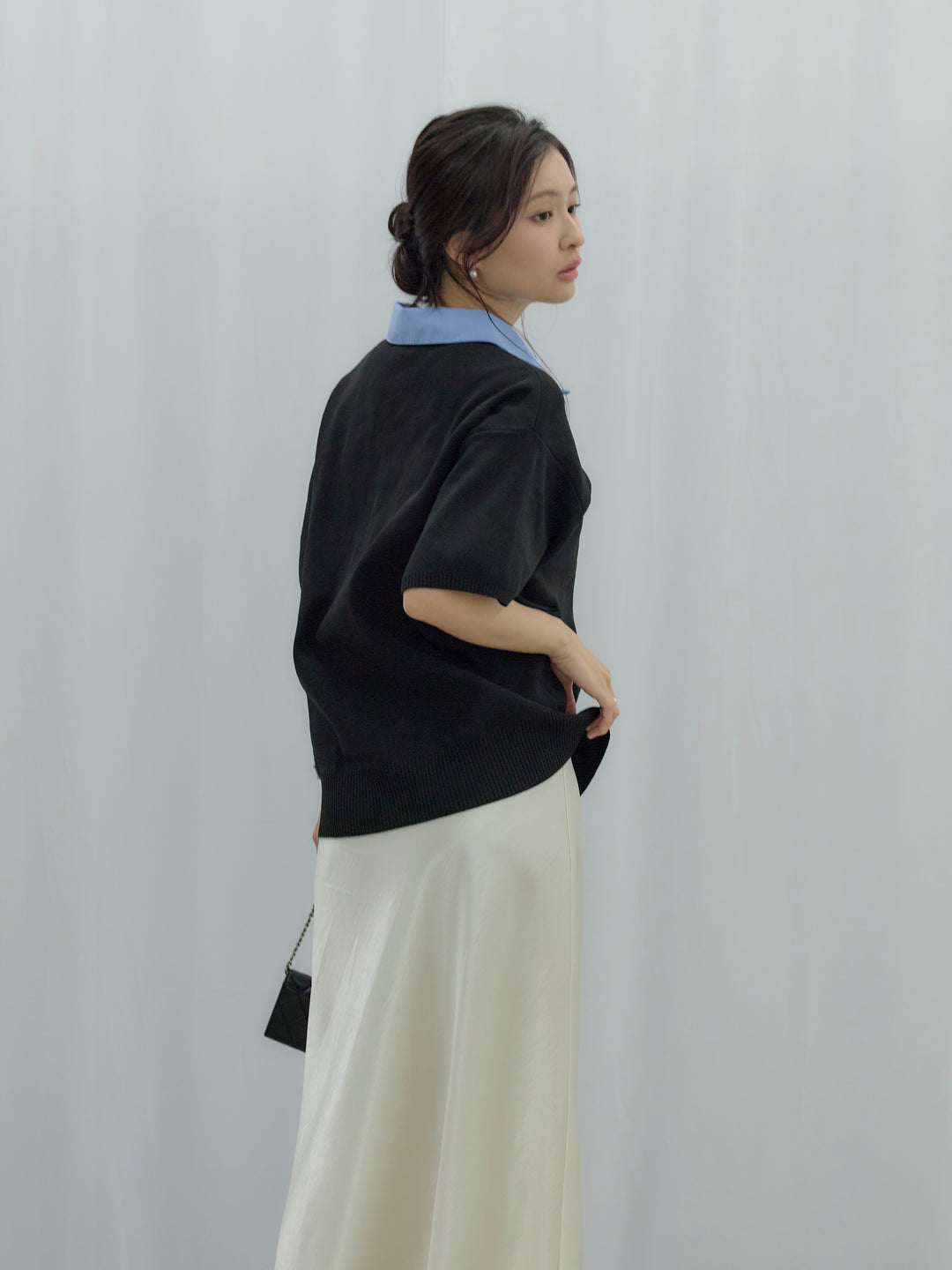 【SET】シャツドッキング半袖ポロトップス+リュクスAラインサテンスカート(2set)