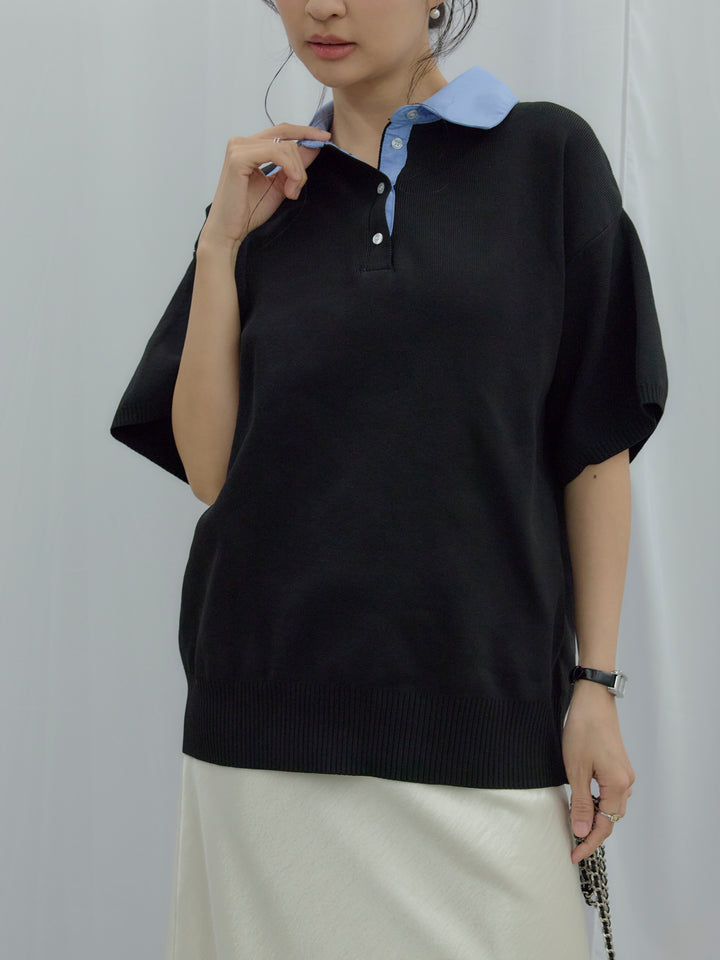 【SET】シャツドッキング半袖ポロトップス+リュクスAラインサテンスカート(2set)