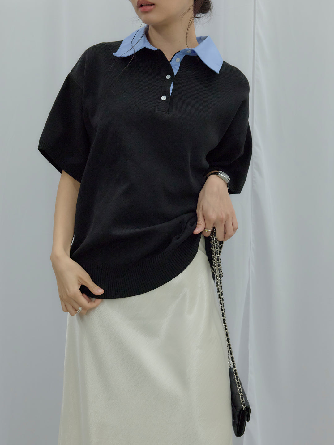 【SET】シャツドッキング半袖ポロトップス+リュクスAラインサテンスカート(2set)