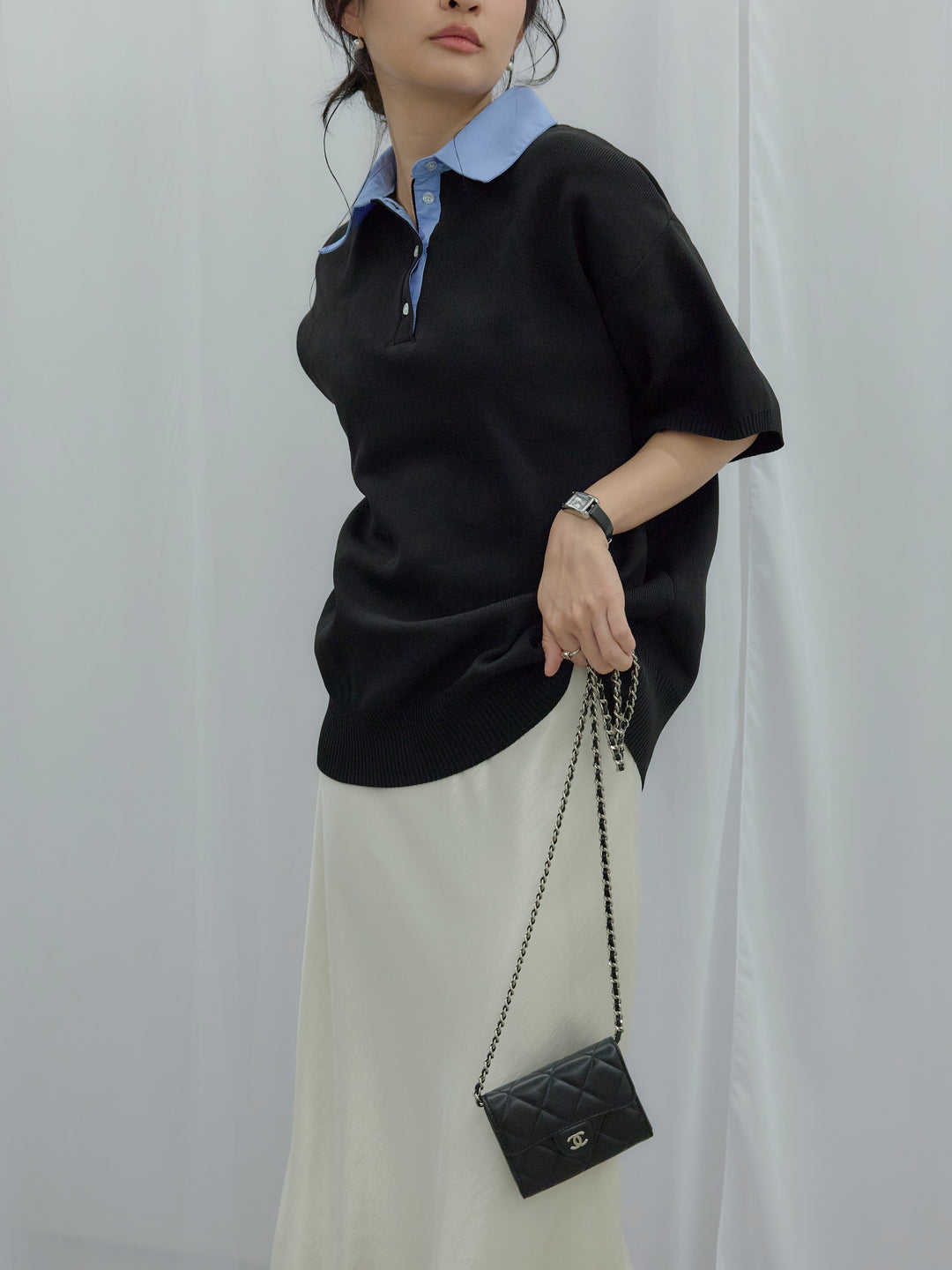 【SET】シャツドッキング半袖ポロトップス+リュクスAラインサテンスカート(2set)