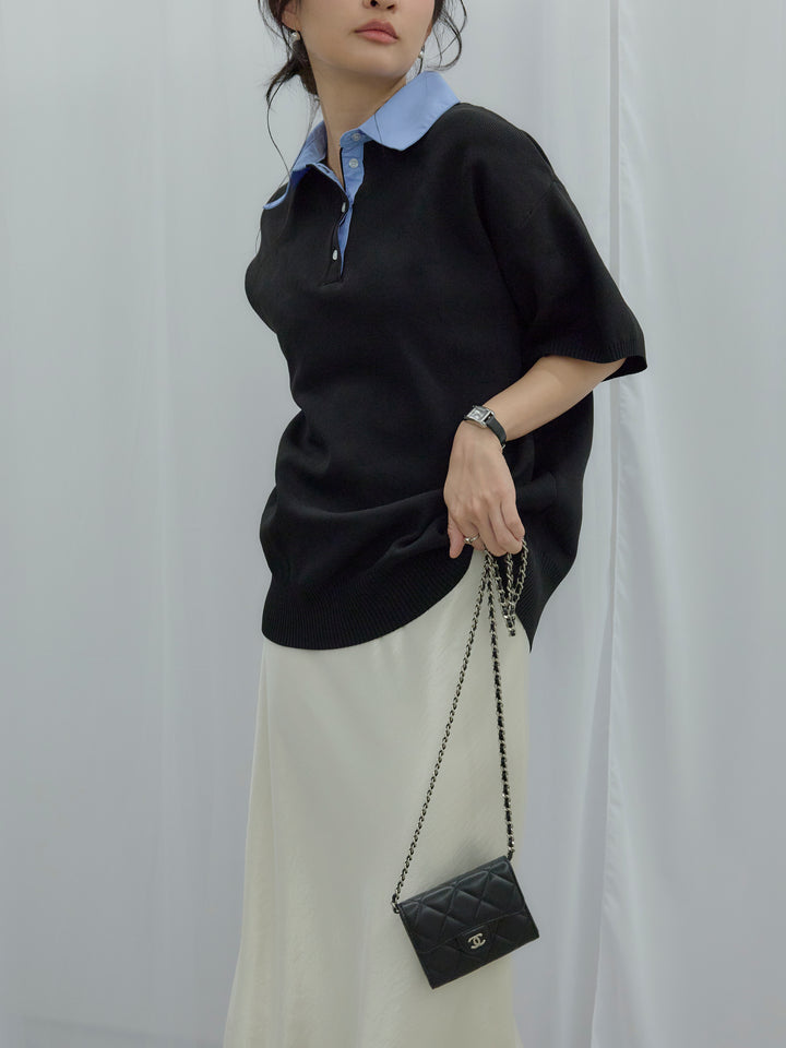 【SET】シャツドッキング半袖ポロトップス+リュクスAラインサテンスカート(2set)