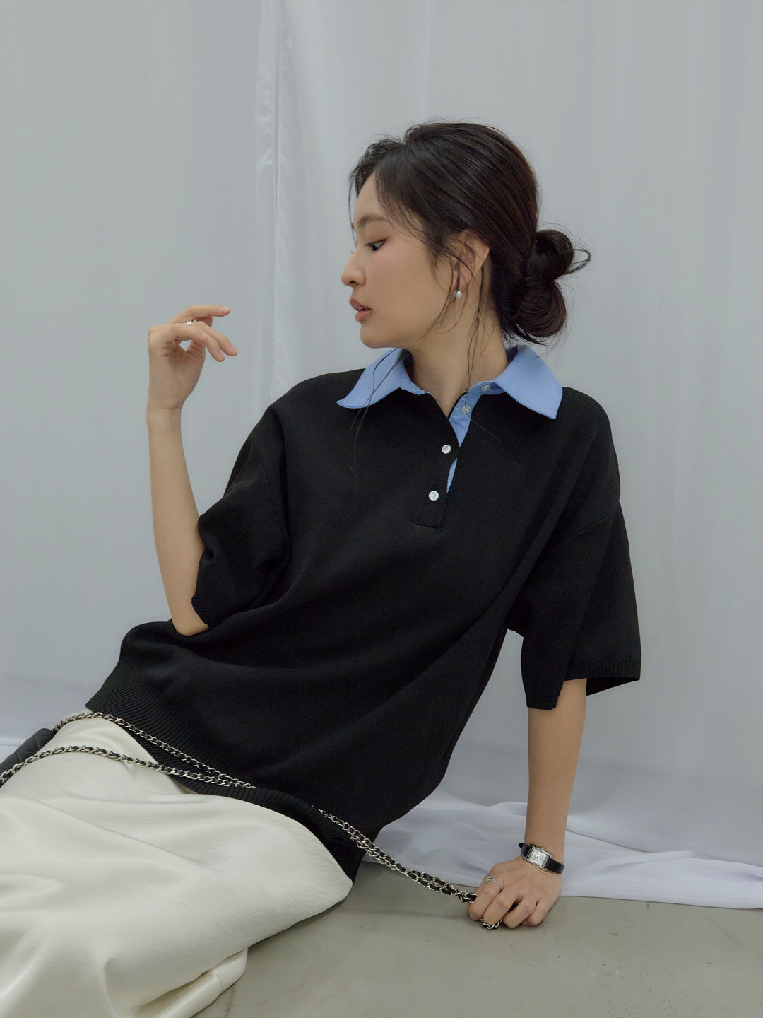 【SET】シャツドッキング半袖ポロトップス+リュクスAラインサテンスカート(2set)