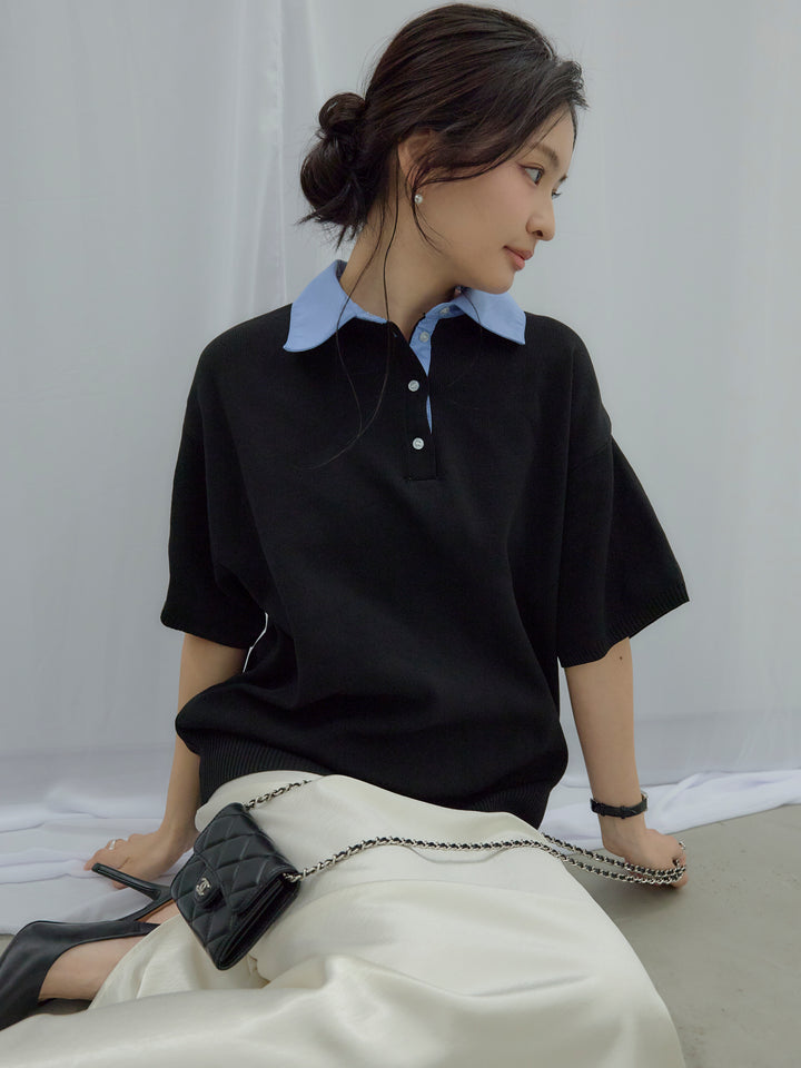 【SET】シャツドッキング半袖ポロトップス+リュクスAラインサテンスカート(2set)