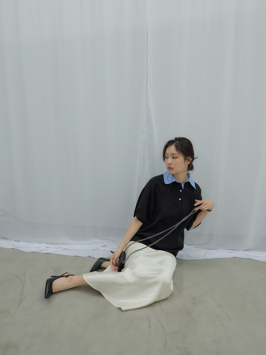 【SET】シャツドッキング半袖ポロトップス+リュクスAラインサテンスカート(2set)