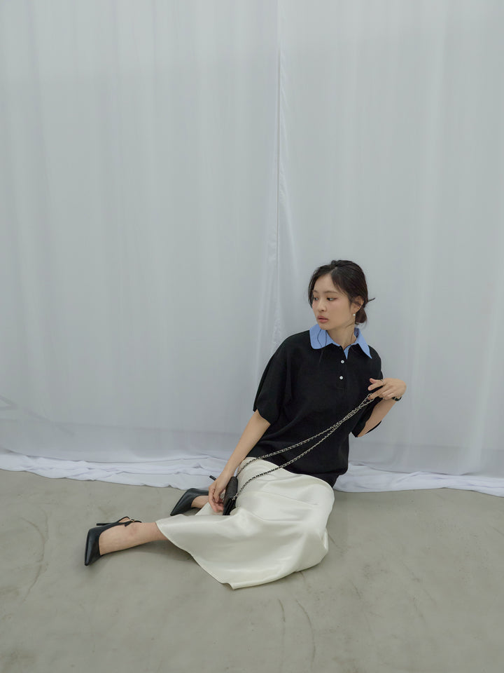 【SET】シャツドッキング半袖ポロトップス+リュクスAラインサテンスカート(2set)