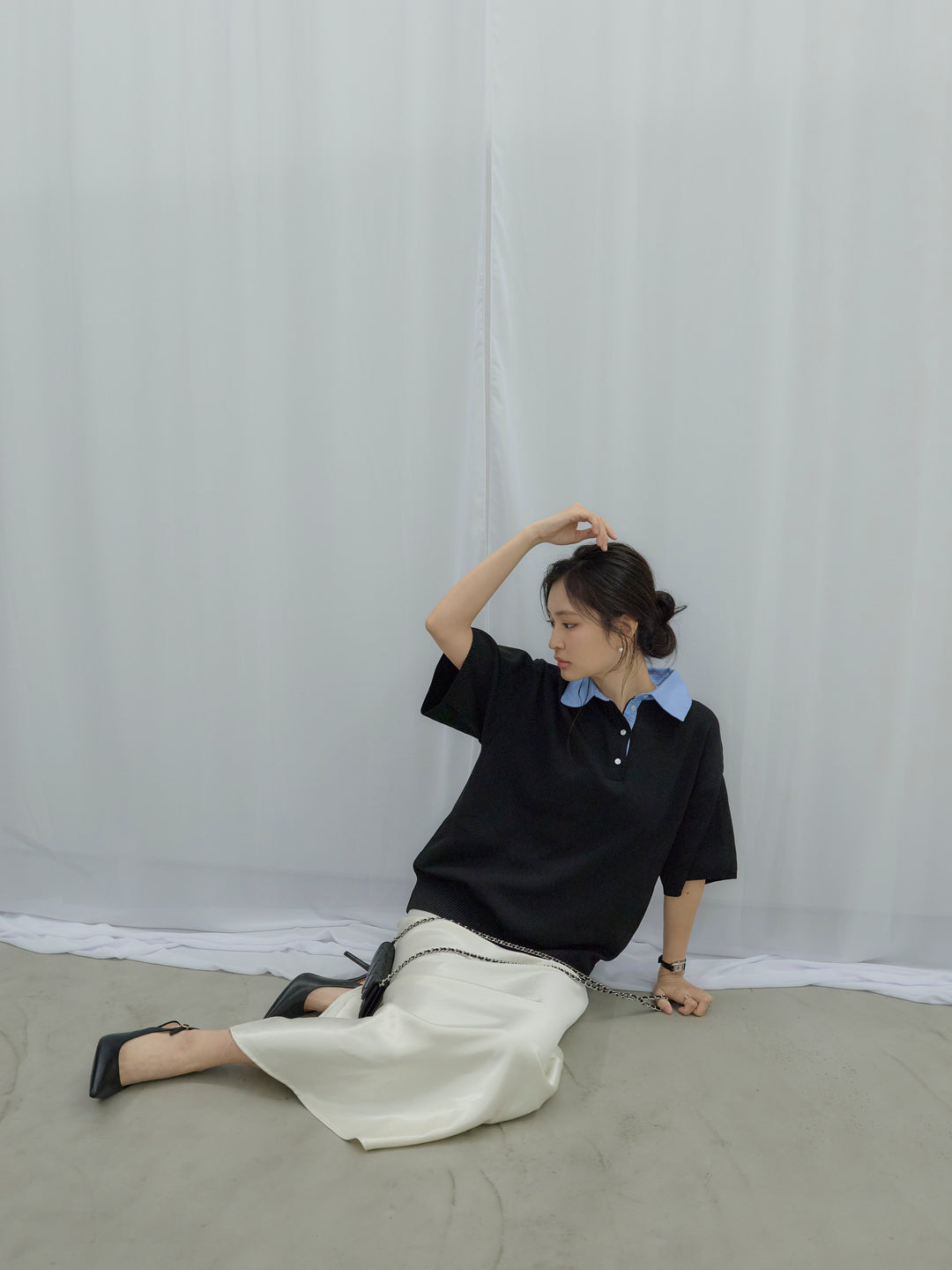 【SET】シャツドッキング半袖ポロトップス+リュクスAラインサテンスカート(2set)