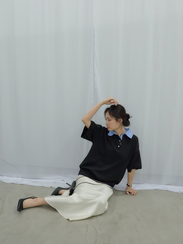 【SET】シャツドッキング半袖ポロトップス+リュクスAラインサテンスカート(2set)