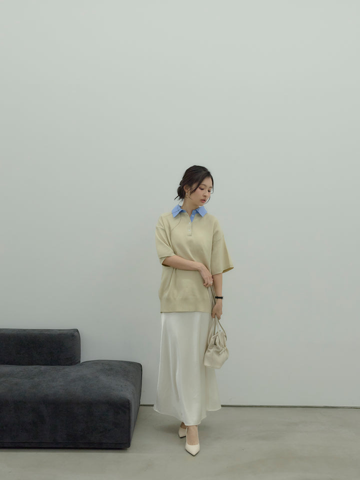 【SET】シャツドッキング半袖ポロトップス+リュクスAラインサテンスカート(2set)