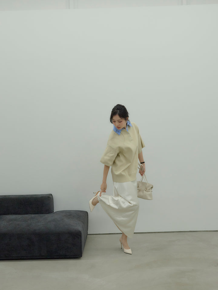 【SET】シャツドッキング半袖ポロトップス+リュクスAラインサテンスカート(2set)