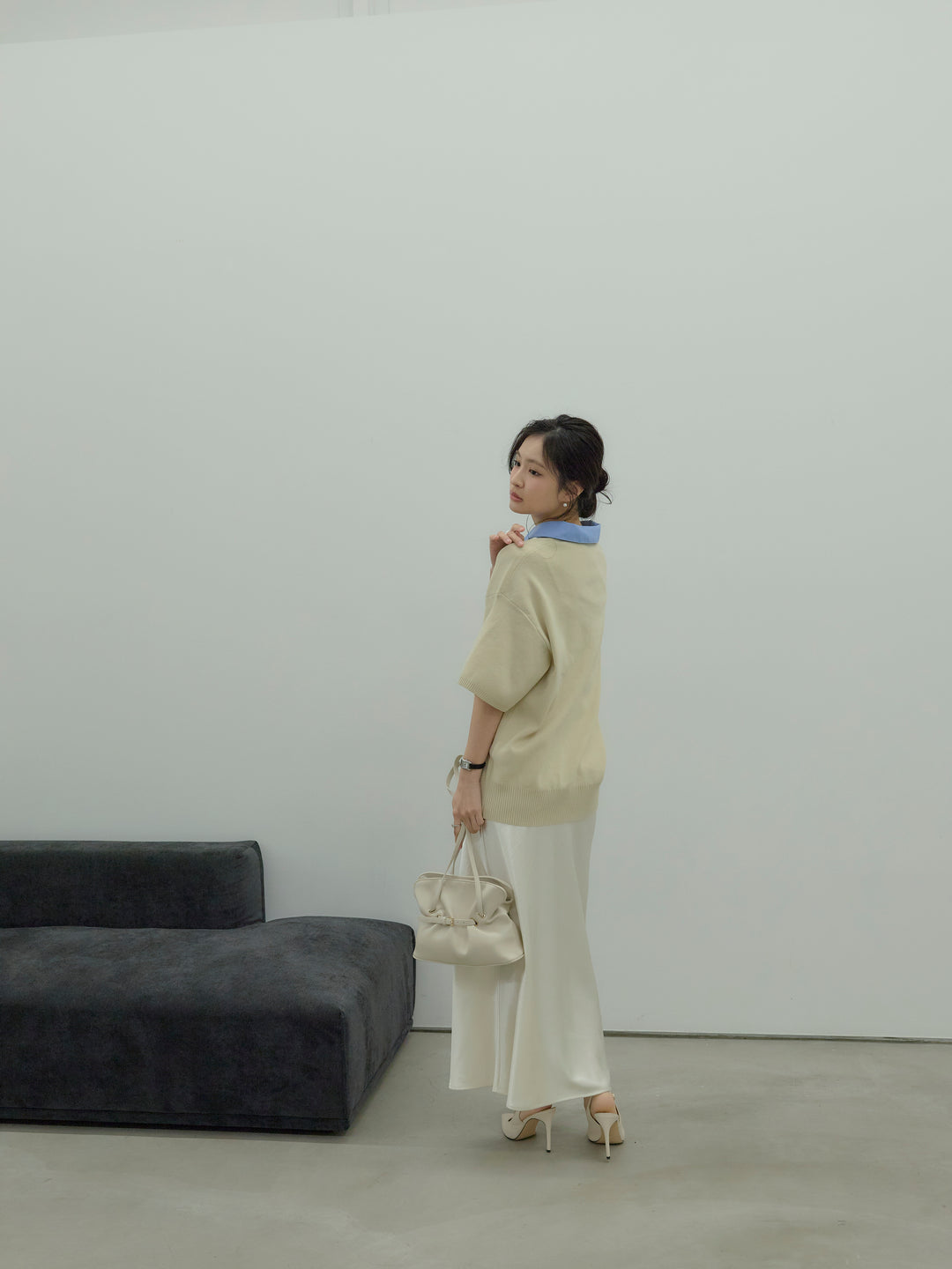 【SET】シャツドッキング半袖ポロトップス+リュクスAラインサテンスカート(2set)