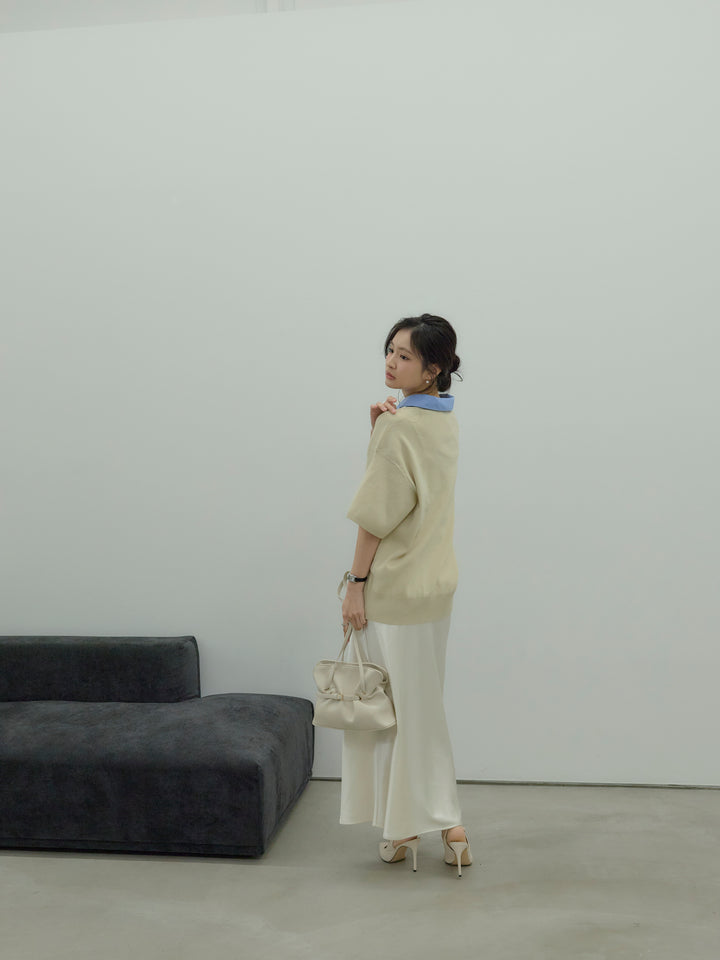 【SET】シャツドッキング半袖ポロトップス+リュクスAラインサテンスカート(2set)