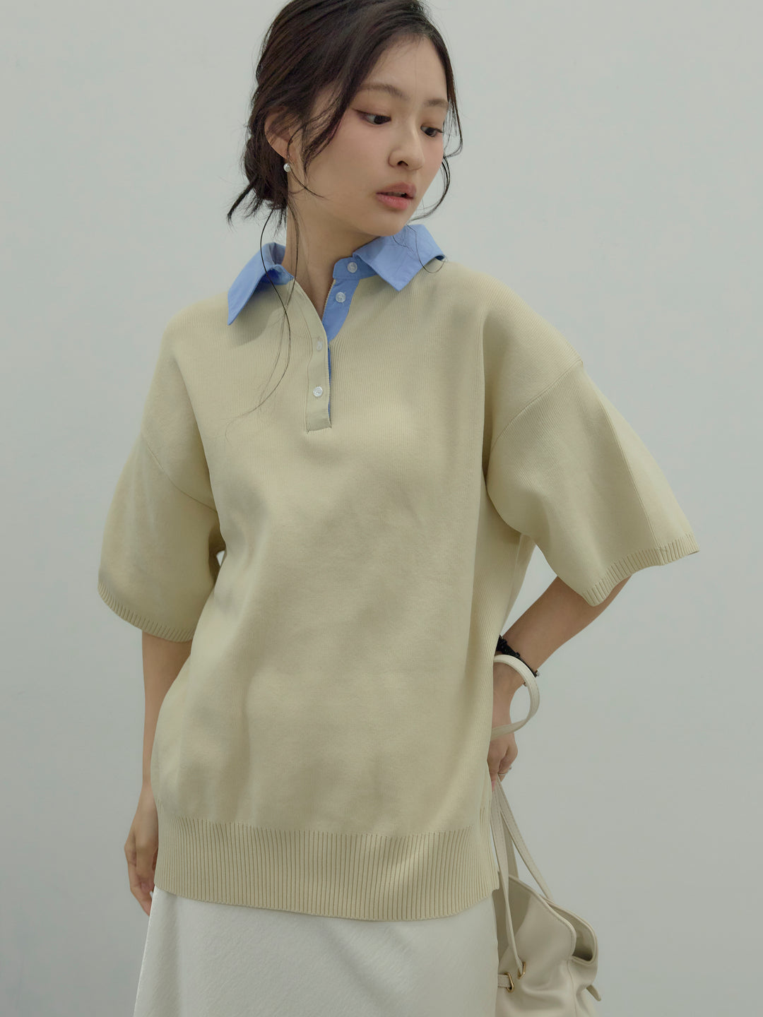 【SET】シャツドッキング半袖ポロトップス+リュクスAラインサテンスカート(2set)