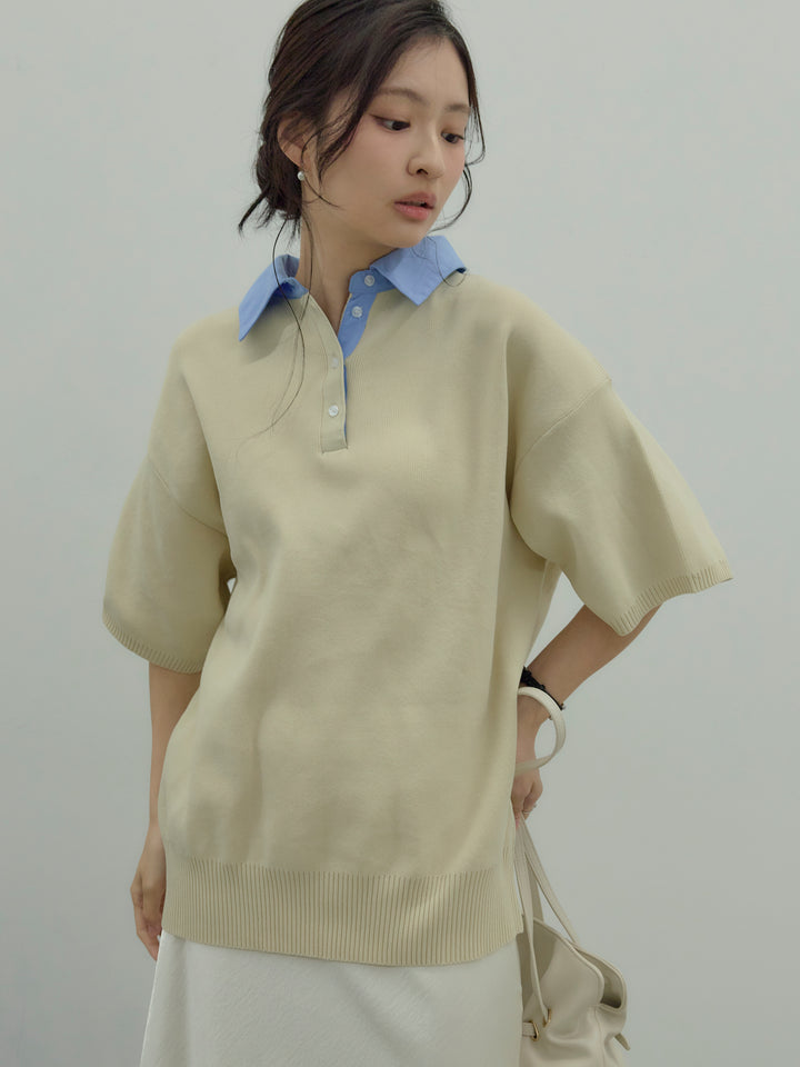 【SET】シャツドッキング半袖ポロトップス+リュクスAラインサテンスカート(2set)