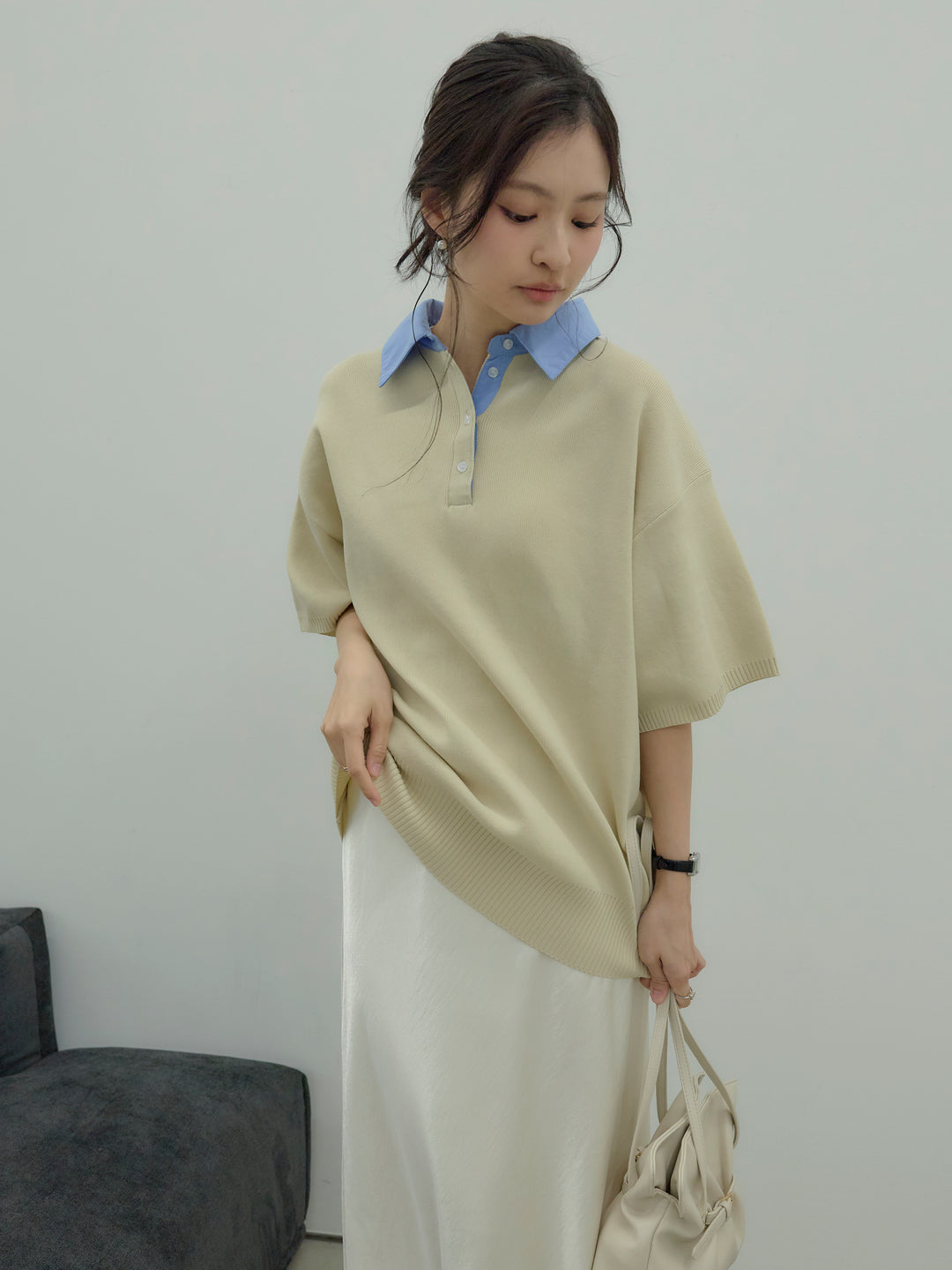 【SET】シャツドッキング半袖ポロトップス+リュクスAラインサテンスカート(2set)