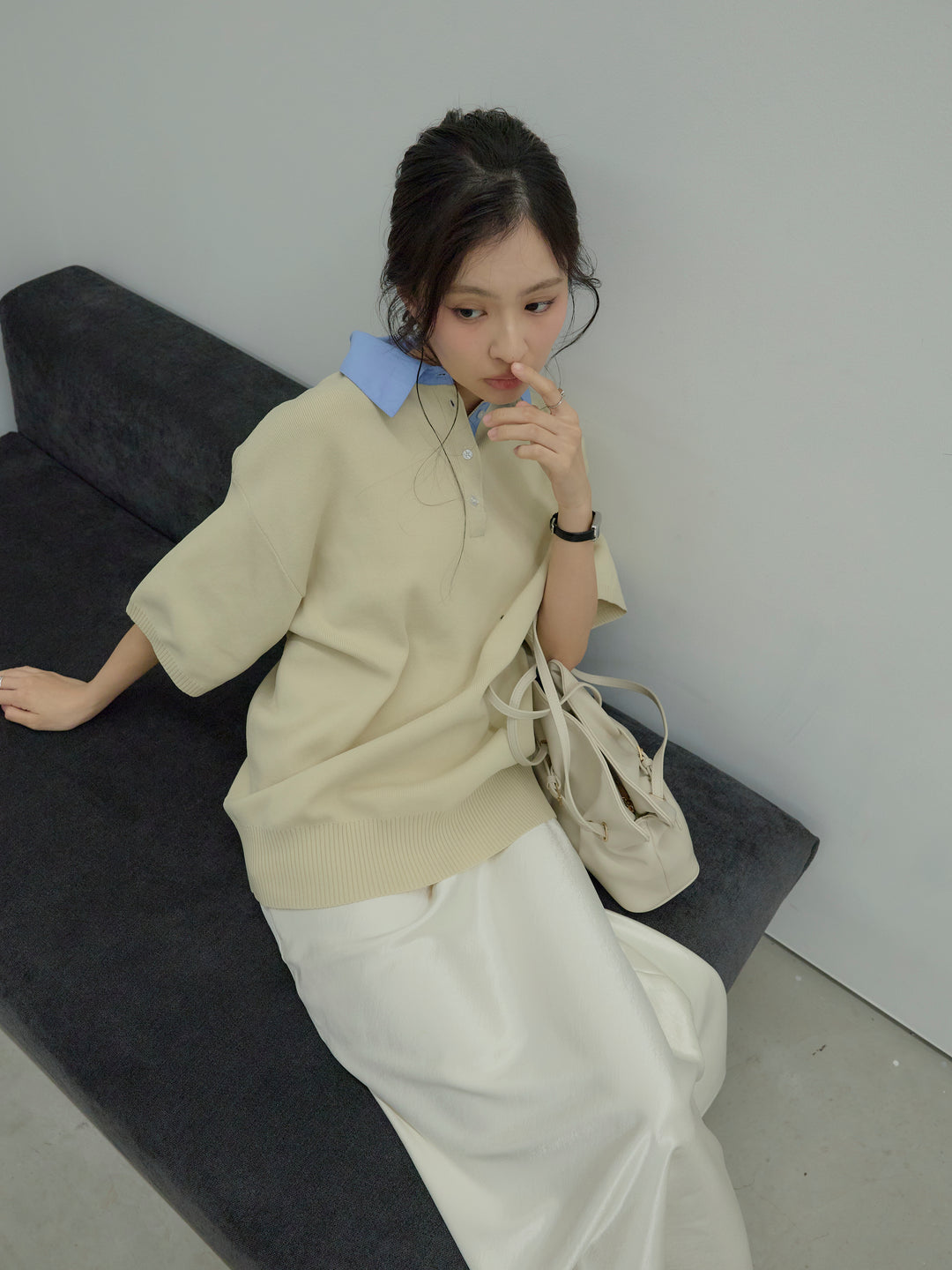 【SET】シャツドッキング半袖ポロトップス+リュクスAラインサテンスカート(2set)