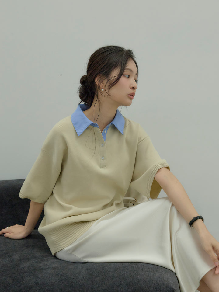 【SET】シャツドッキング半袖ポロトップス+リュクスAラインサテンスカート(2set)