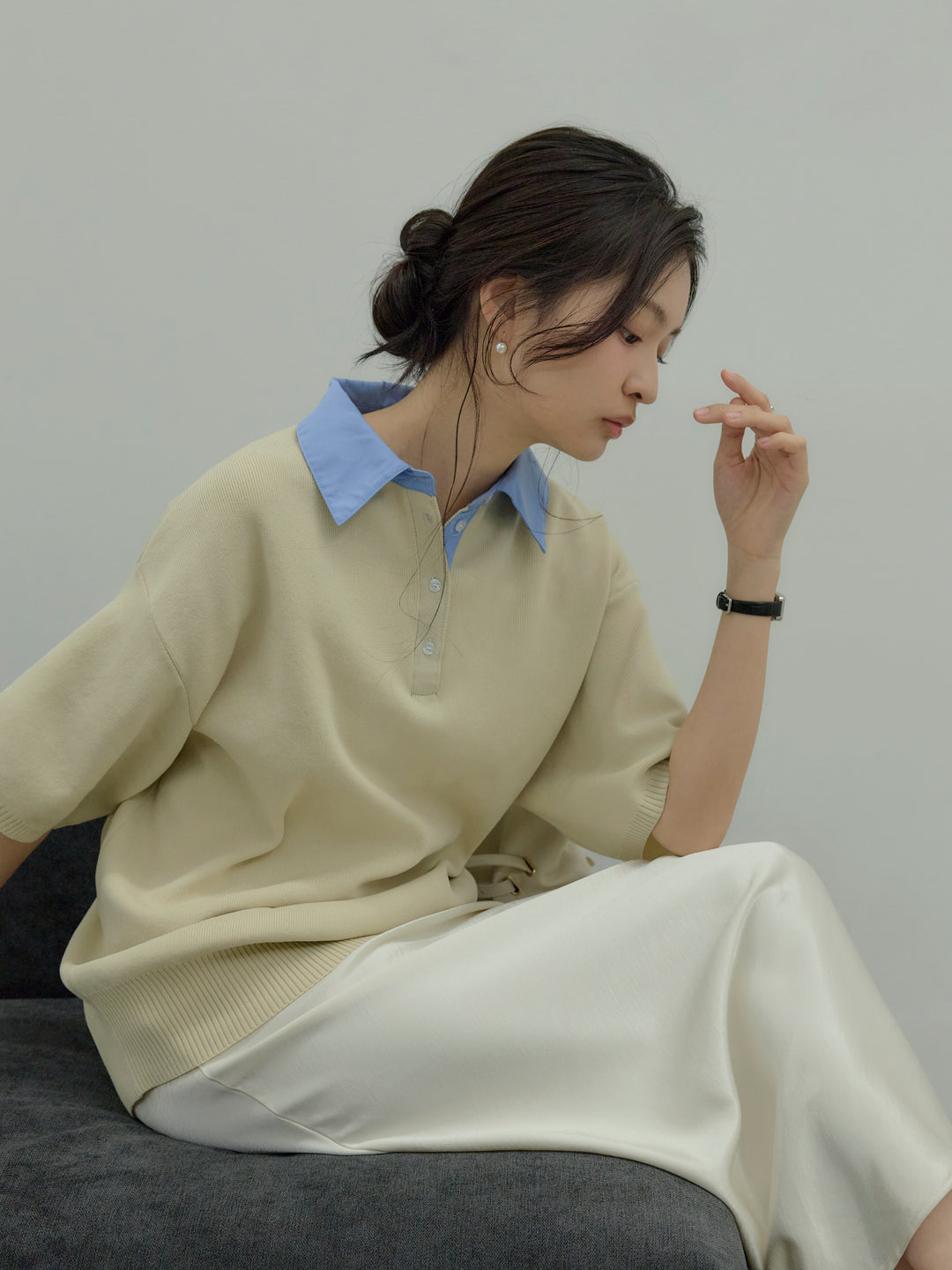 【SET】シャツドッキング半袖ポロトップス+リュクスAラインサテンスカート(2set)