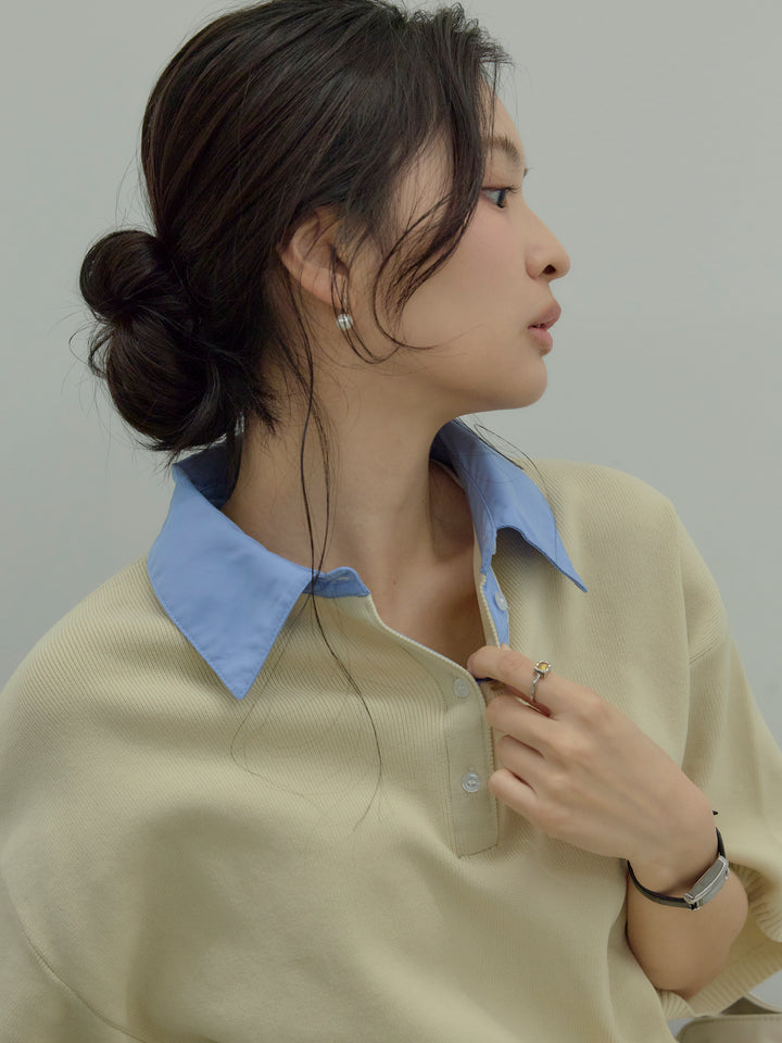 【SET】シャツドッキング半袖ポロトップス+リュクスAラインサテンスカート(2set)